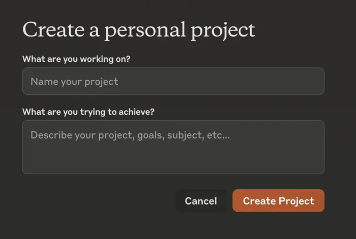 Project creation form showing input fields for project name and description, with Cancel and Create Project buttons.